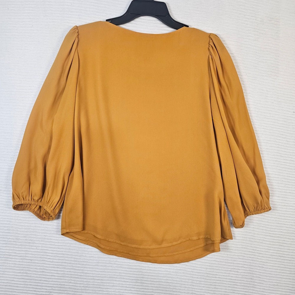 Alex Marie Mustard Yellow Pleated Puff Sleeve Blouse Crew Neck Top Large - Picture 5 of 5